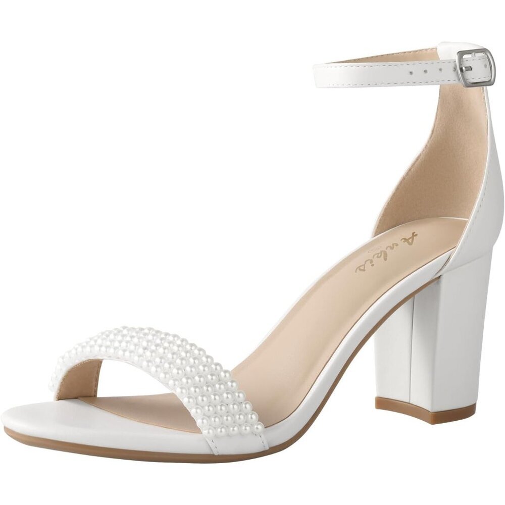 〽️Women White Pearl Open Toe Ankle Strap Chunky Heel Sandals with 2.75 Inch Heel